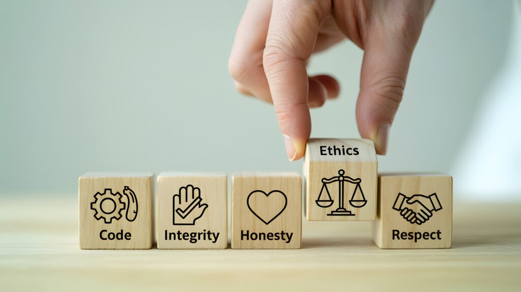 A close-up photograph of wooden blocks showing core business values like ethics and integrity